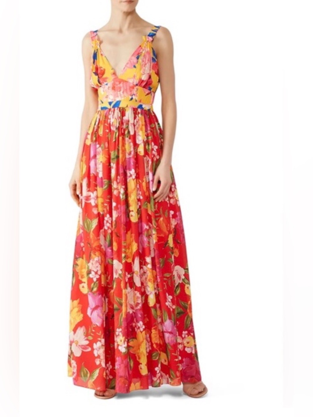 Ronny Kobo Sallee maxi dress red tropical floral print with a deep V-neckline - Picture 2 of 13